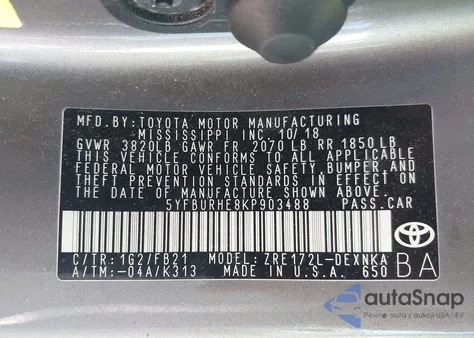 2019 Toyota Corolla Le z USA, uszkodzony, nr VIN 5YFBURHE8KP903488